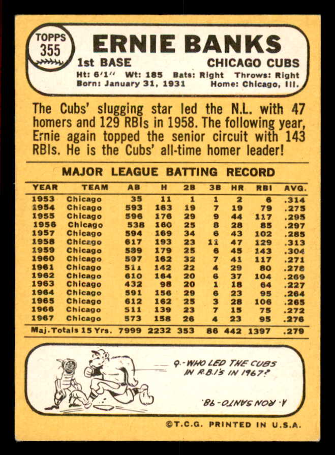 1968 Topps Baseball #355 Ernie Banks Cubs EX-MT 566261