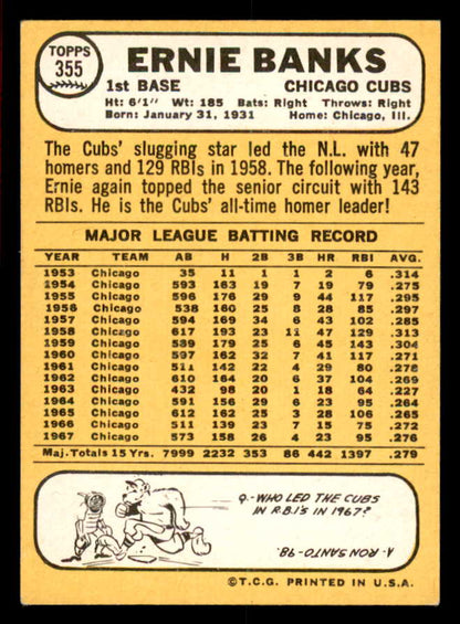 1968 Topps Baseball #355 Ernie Banks Cubs EX-MT 566261