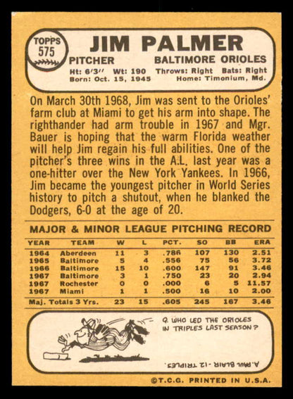 1968 Topps Baseball #575 Jim Palmer Orioles NR-MT 566267
