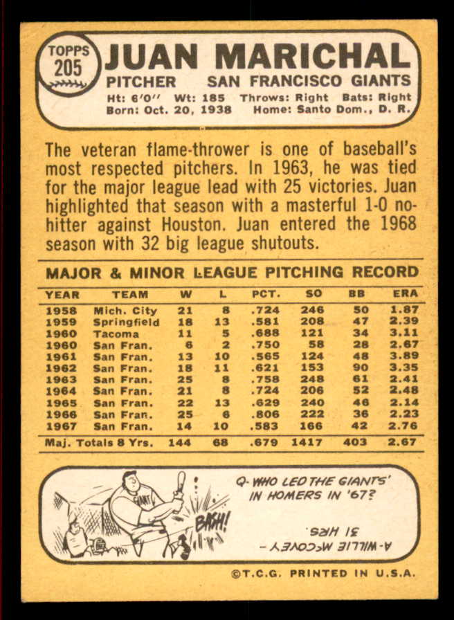 1968 Topps Baseball #205 Juan Marichal Giants EX+/EX-MT 566285