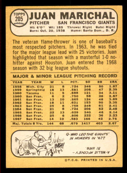 1968 Topps Baseball #205 Juan Marichal Giants EX+/EX-MT 566285