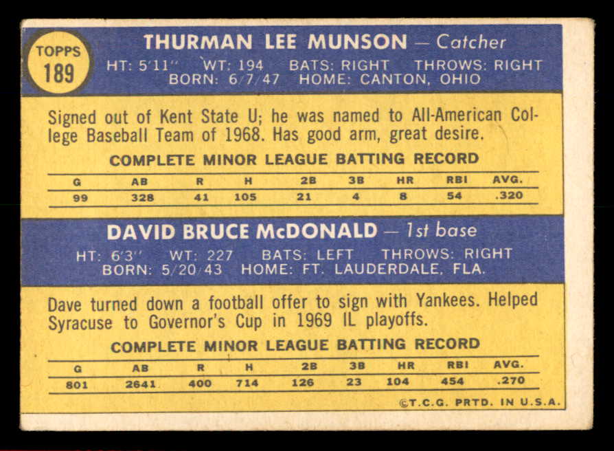 1970 Topps Baseball #189 Thurman Munson Yankees VG 566291