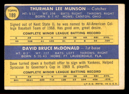 1970 Topps Baseball #189 Thurman Munson Yankees VG 566291