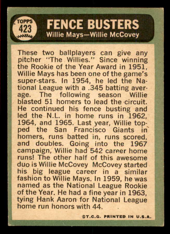 1967 Topps Baseball #423 Willie Mays Willie McCovey VG-EX 566292