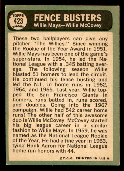1967 Topps Baseball #423 Willie Mays Willie McCovey VG-EX 566292