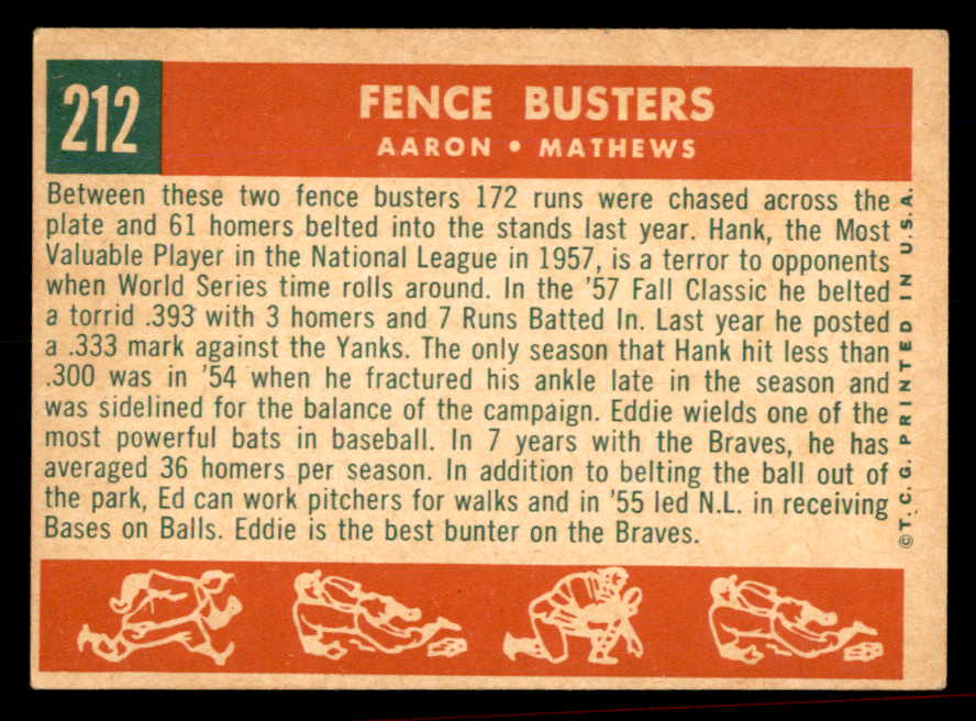 1959 Topps Baseball #212 Hank Aaron Eddie Mathews VG-EX 566294