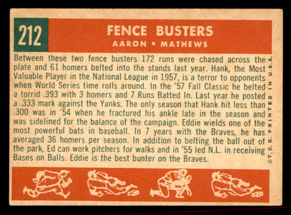 1959 Topps Baseball #212 Hank Aaron Eddie Mathews VG-EX 566294