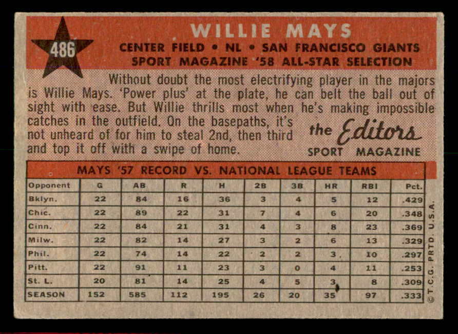 1958 Topps Baseball #486 Willie Mays A.S. Giants VG-EX 566302