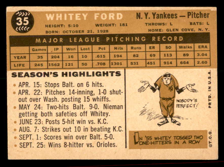1960 Topps Baseball #35 Whitey Ford Yankees EX 566314