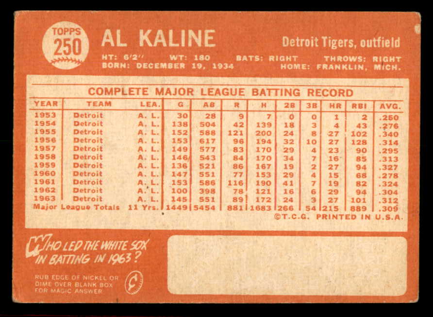 1964 Topps Baseball #250 Al Kaline Tigers VG 566320