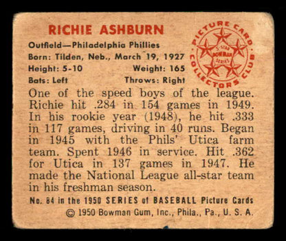 1950 Bowman Baseball #084 Richie Ashburn Phillies GD-VG 566335