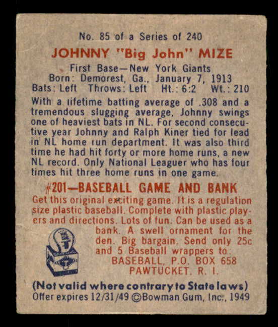 1949 Bowman Baseball #85 Johnny Mize Giants VG-EX Name Front 566336