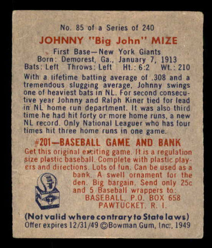 1949 Bowman Baseball #85 Johnny Mize Giants VG-EX Name Front 566336