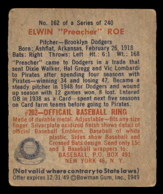 1949 Bowman Baseball #162 Preacher Roe Dodgers VG-EX 566339