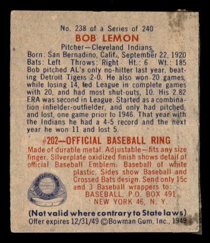 1949 Bowman Baseball #238 Bob Lemon Indians PR-FR 566341