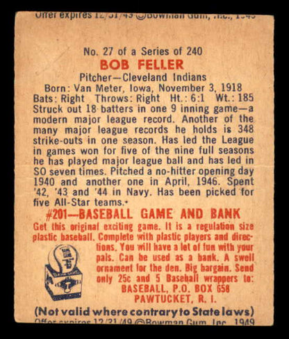 1949 Bowman Baseball #027 Bob Feller Indians VG back mc 566343
