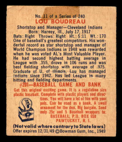 1949 Bowman Baseball #11 Lou Boudreau Indians Good 566344