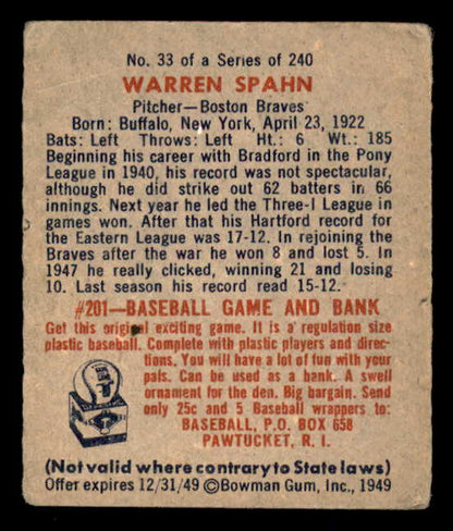 1949 Bowman Baseball #33 Warren Spahn Braves VG-EX 566345