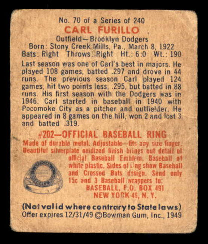 1949 Bowman Baseball #70 Carl Furillo Dodgers Fair 566347