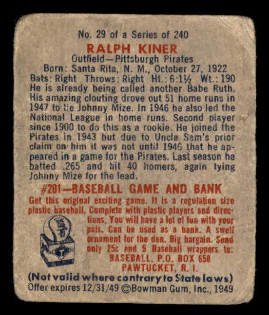 1949 Bowman Baseball #29 Ralph Kiner Pirates Good 566349
