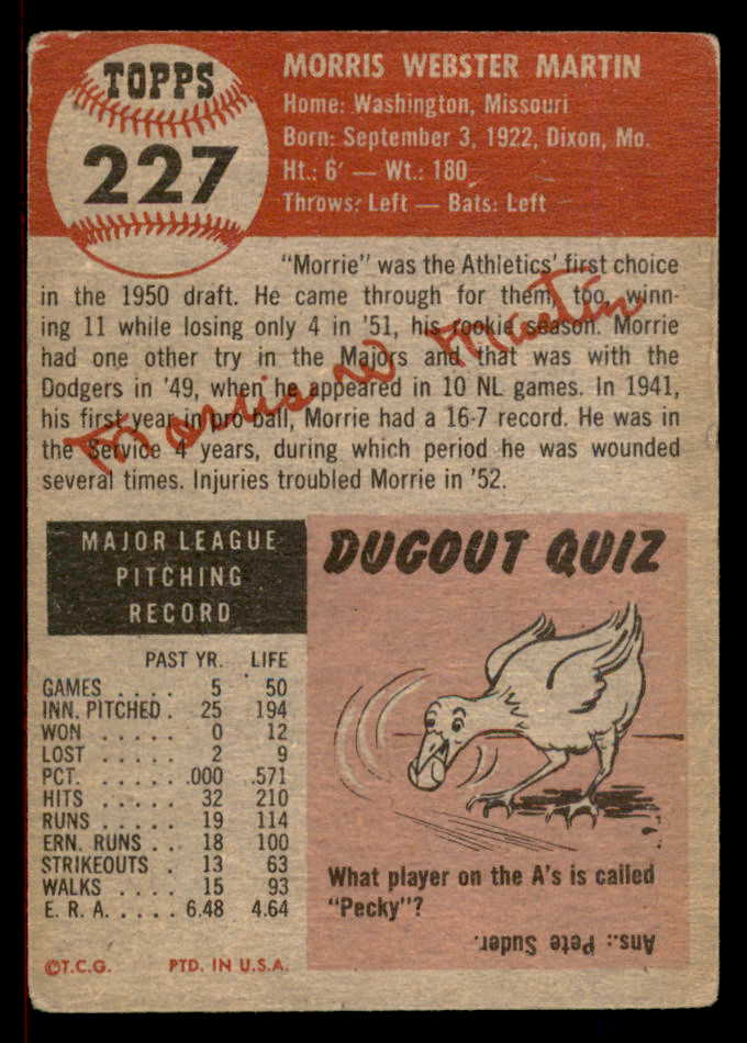 1953 Topps Baseball #227 Morrie Martin A's VG 566351