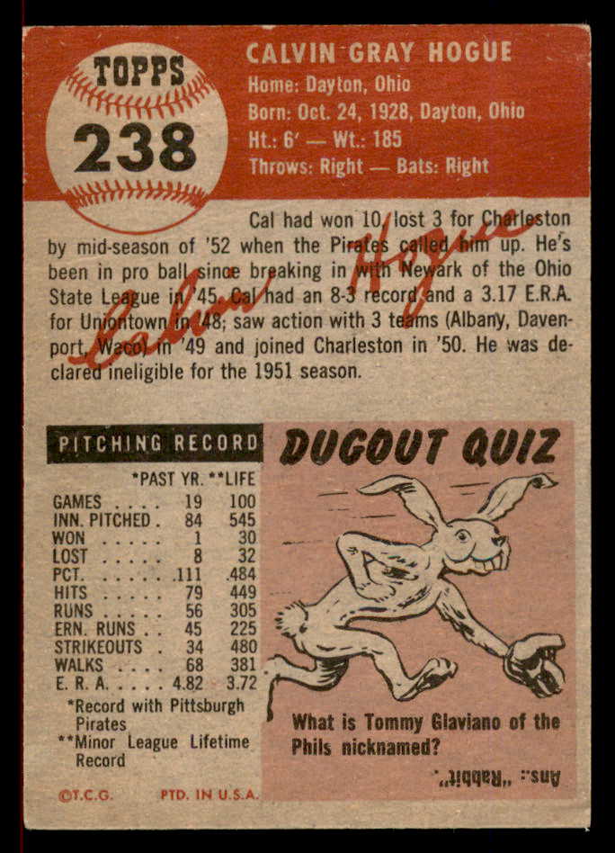 1953 Topps Baseball #238 Cal Hogue Pirates VG-EX/EX 566353