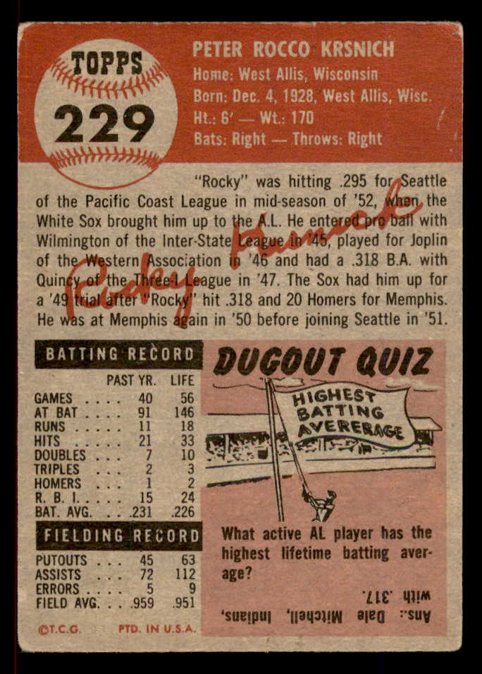 1953 Topps Baseball #229 Rocky Krsnich White Sox VG-EX 566354