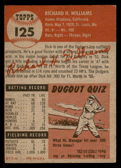 1953 Topps Baseball #125 Dick Williams Dodgers EX+/EX-MT 566355