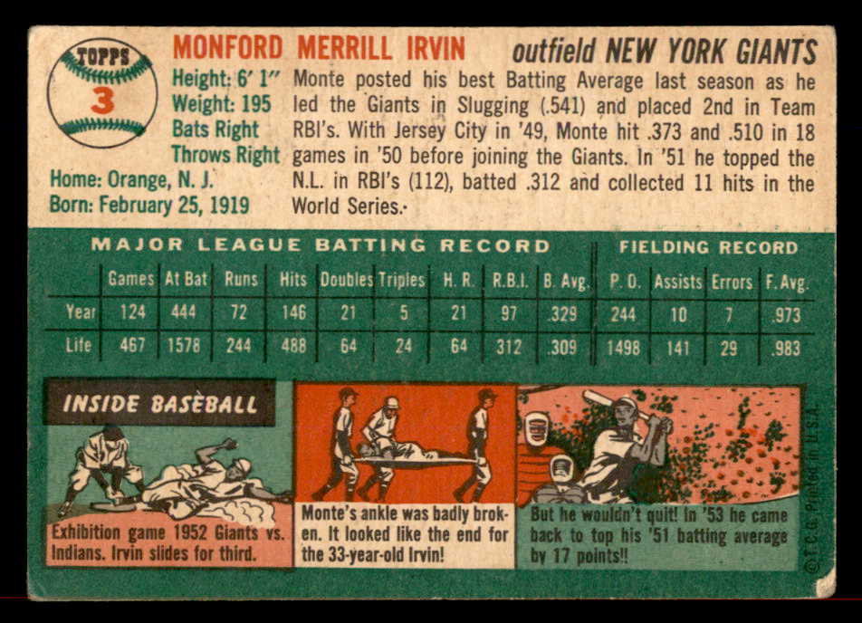 1954 Topps Baseball #3 Monte Irvin Giants EX 566360