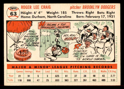 1956 Topps Baseball #63 Roger Craig Dodgers EX-MT White 566362