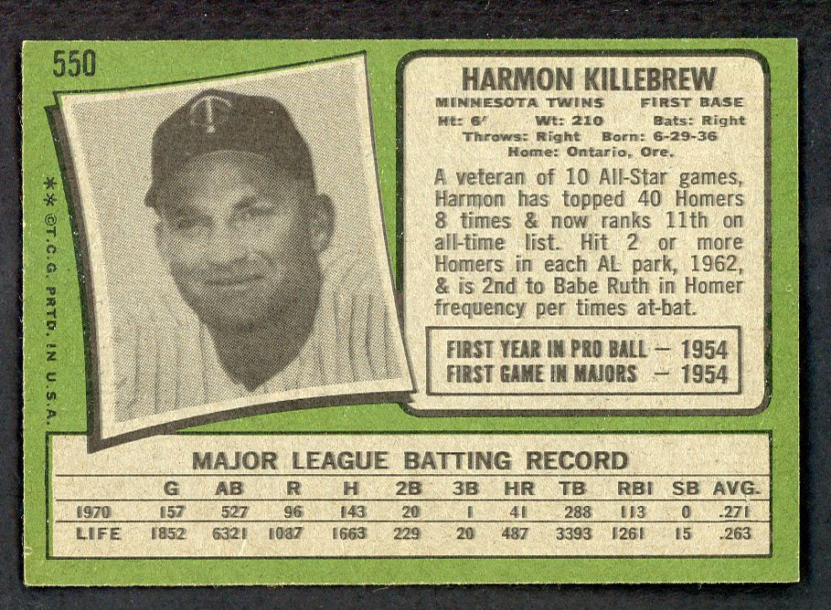 1971 Topps Baseball #550 Harmon Killebrew Twins NR-MT 566381
