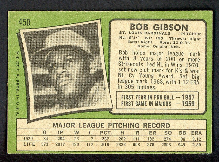 1971 Topps Baseball #450 Bob Gibson Cardinals EX-MT 566384