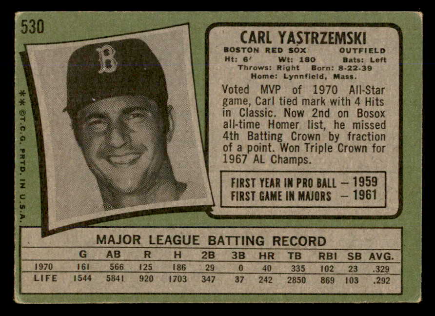 1971 Topps Baseball #530 Carl Yastrzemski Red Sox VG-EX 566388