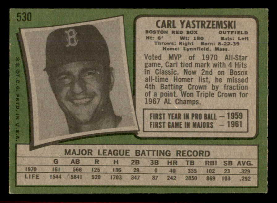 1971 Topps Baseball #530 Carl Yastrzemski Red Sox EX-MT/NR-MT 566391
