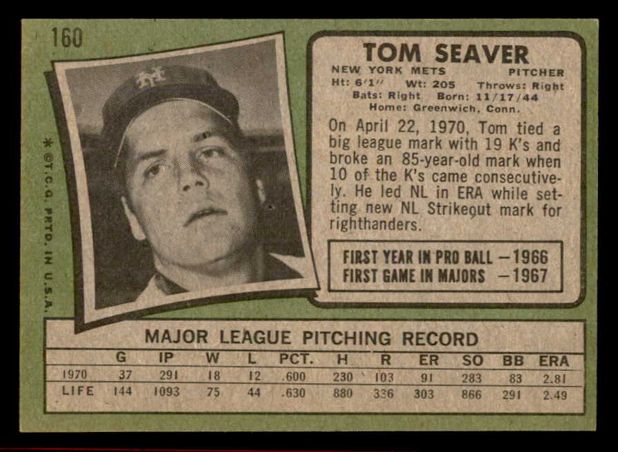 1971 Topps Baseball #160 Tom Seaver Mets EX-MT 566399