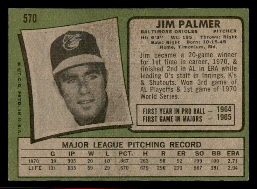 1971 Topps Baseball #570 Jim Palmer Orioles EX-MT 566404