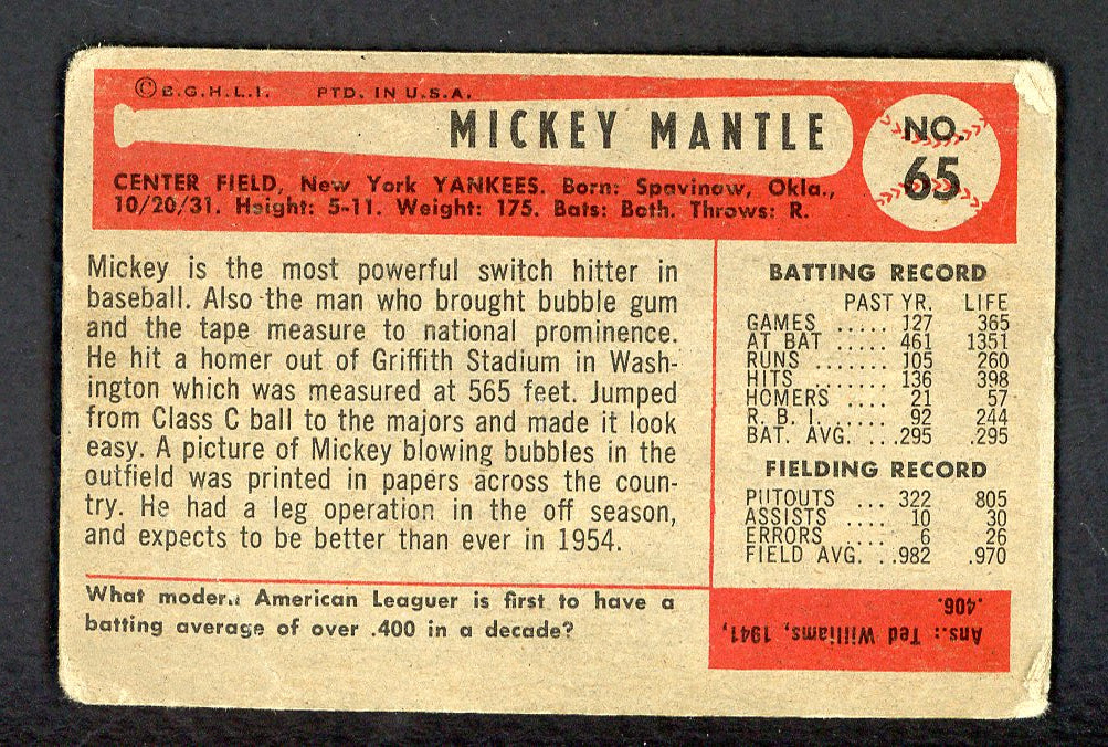 1954 Bowman Baseball #65 Mickey Mantle Yankees Good 566422