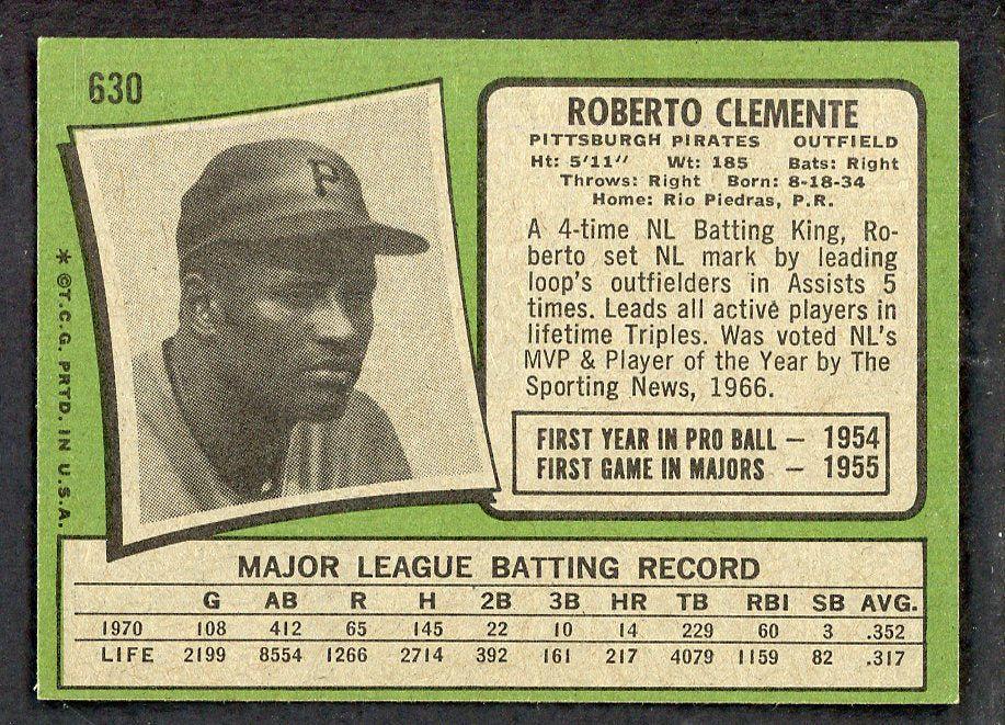 1971 Topps Baseball #630 Roberto Clemente Pirates EX-MT 566441