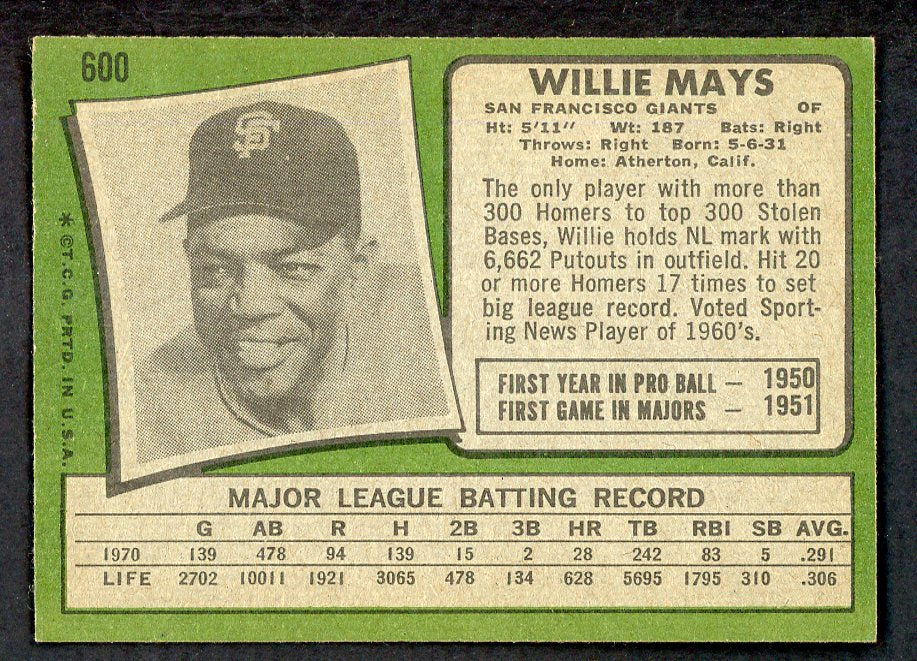 1971 Topps Baseball #600 Willie Mays Giants EX-MT 566444