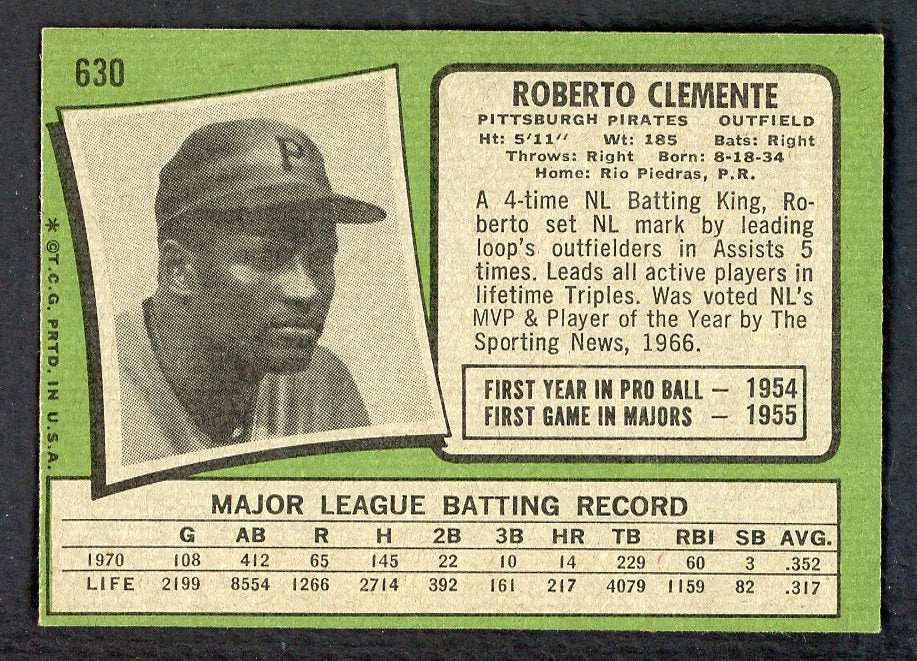1971 Topps Baseball #630 Roberto Clemente Pirates EX-MT 566446