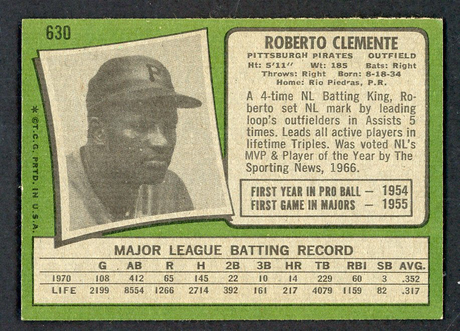 1971 Topps Baseball #630 Roberto Clemente Pirates EX+/EX-MT 566448