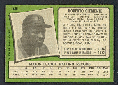 1971 Topps Baseball #630 Roberto Clemente Pirates EX+/EX-MT 566448
