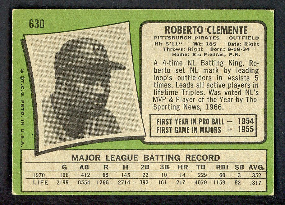 1971 Topps Baseball #630 Roberto Clemente Pirates VG-EX 566449