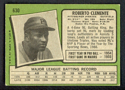 1971 Topps Baseball #630 Roberto Clemente Pirates VG-EX 566449