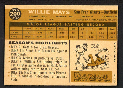 1960 Topps Baseball #200 Willie Mays Giants EX+/EX-MT 566453