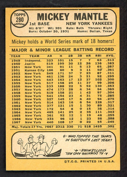 1968 Topps Baseball #280 Mickey Mantle Yankees NR-MT 566470