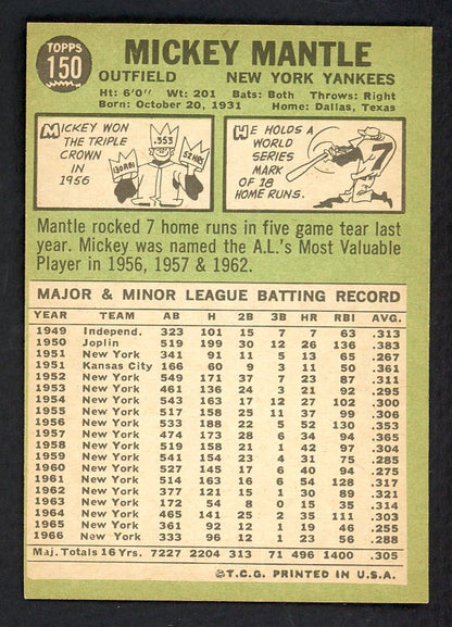 1967 Topps Baseball #150 Mickey Mantle Yankees EX-MT 566473