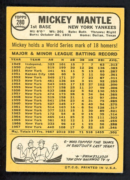 1968 Topps Baseball #280 Mickey Mantle Yankees EX-MT 566474