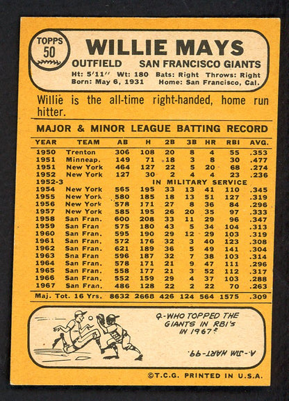 1968 Topps Baseball #50 Willie Mays Giants EX-MT 566476