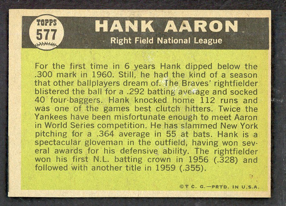 1961 Topps Baseball #577 Hank Aaron A.S. Braves NR-MT 566477